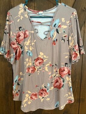 7th Ray Taupe Floral Lace-Up V-Neck Short Sleeve Top